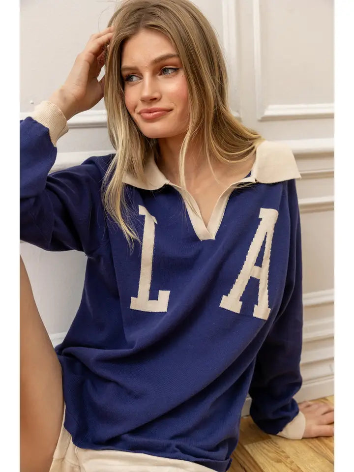 Collared Knit Pullover - Cobalt Blue