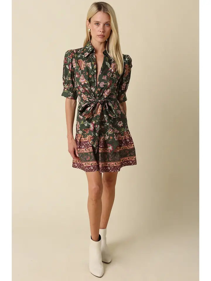 Floral Wrap Mini Dress - Green Mauve