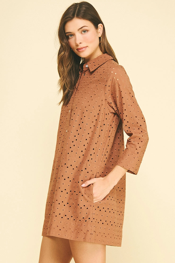 Eyelet Detailed Mini Dress - Brown