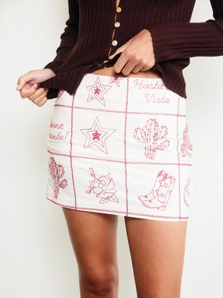 Western Flair Mini Skirt - Cream & Red
