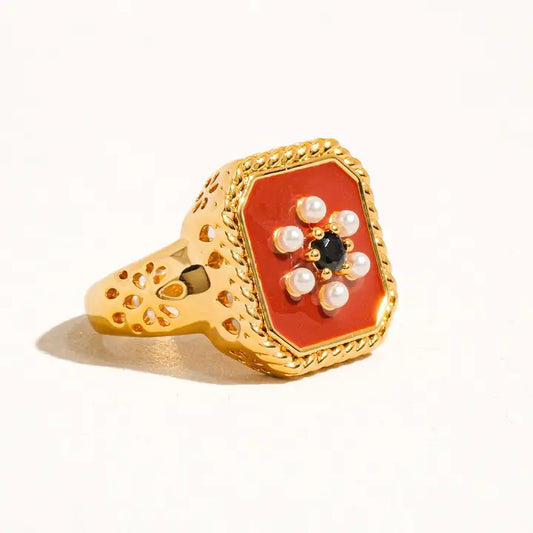 Rouge 18K Gold Red Enamel Vintage Adjustable Ring