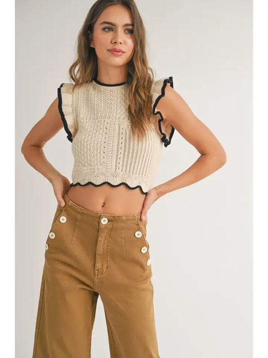 Ruffled Knitted Top - Cream + Black