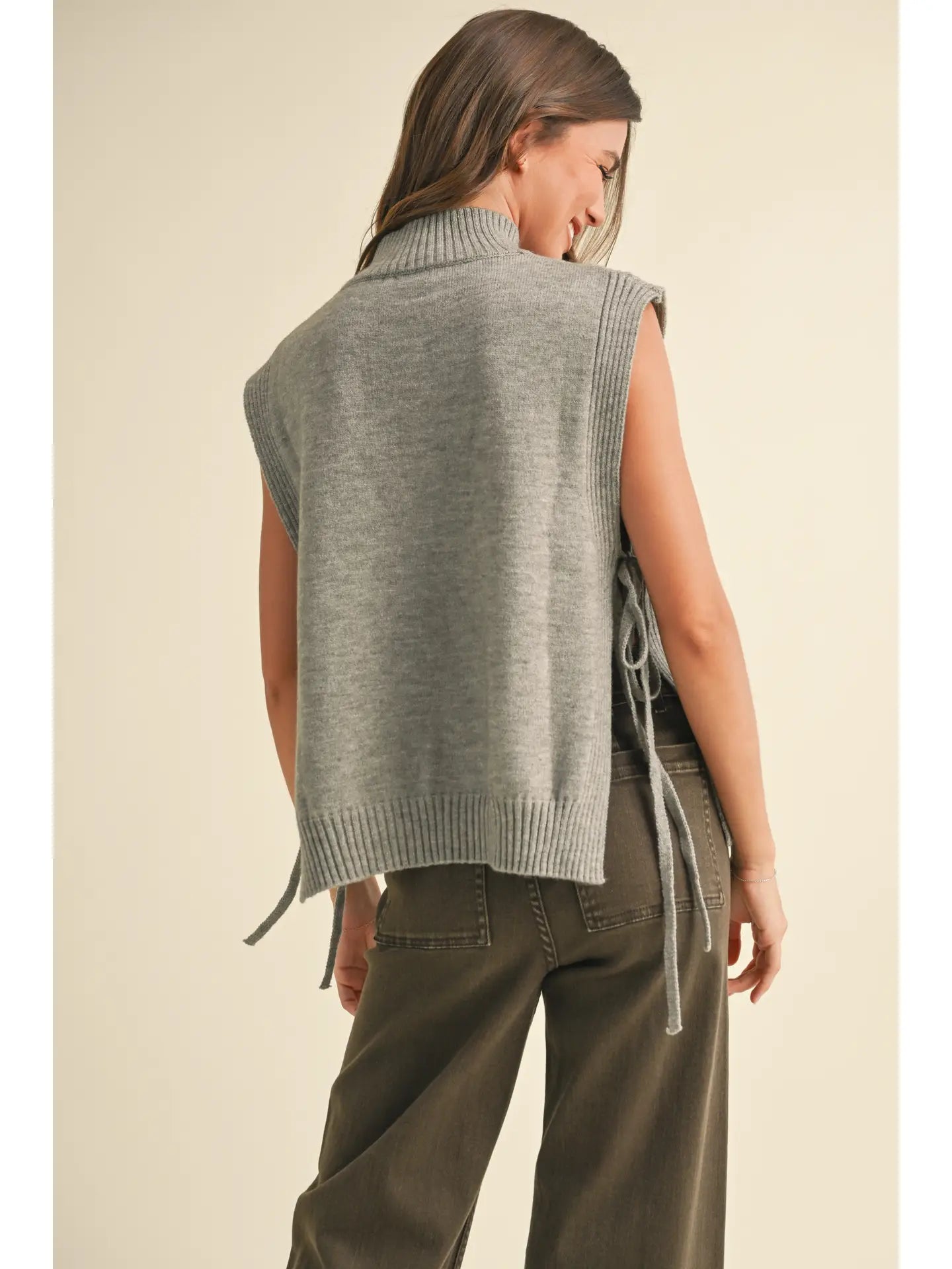 Mock Neck Side Tie Sweater Vest - Grey