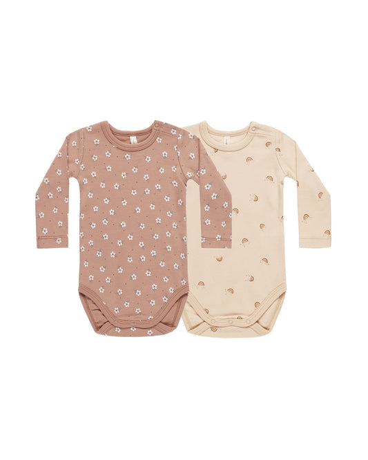 Quincy Mae - Jersey Bodysuit, 2 Pack - Rose Ditsy + Rainbows