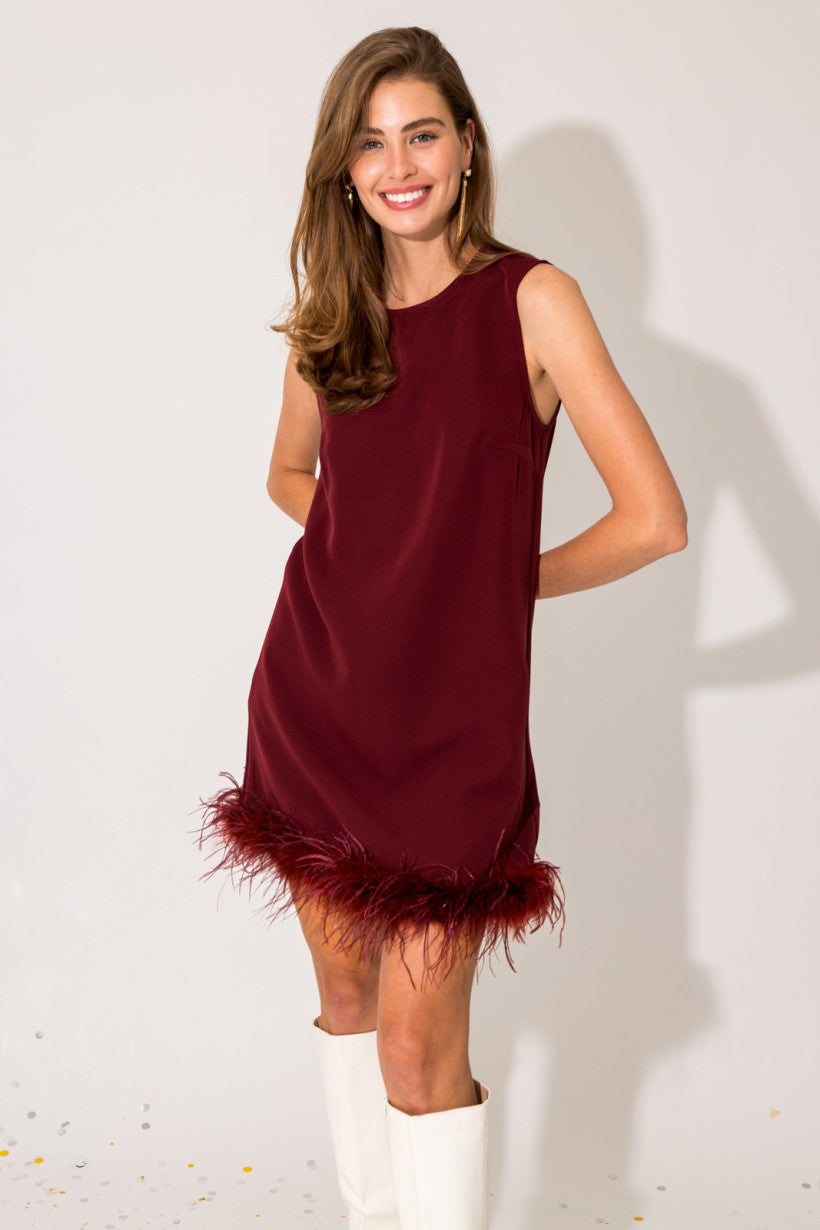 Sleeveless Shift Mini Dress with Feathered Trim - Wine