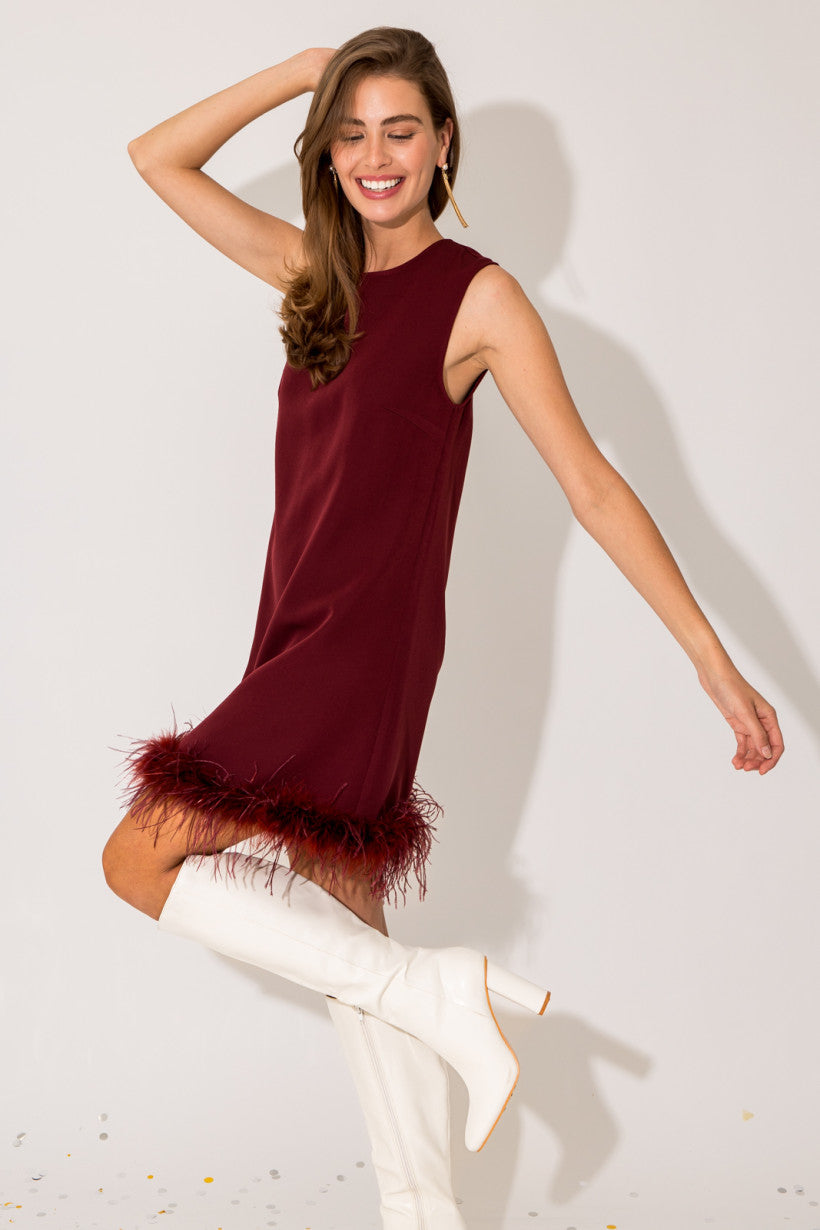 Sleeveless Shift Mini Dress with Feathered Trim - Wine