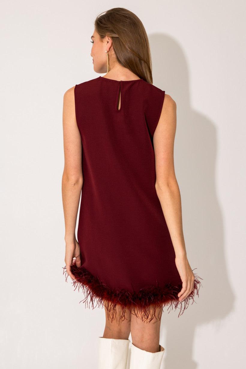 Sleeveless Shift Mini Dress with Feathered Trim - Wine