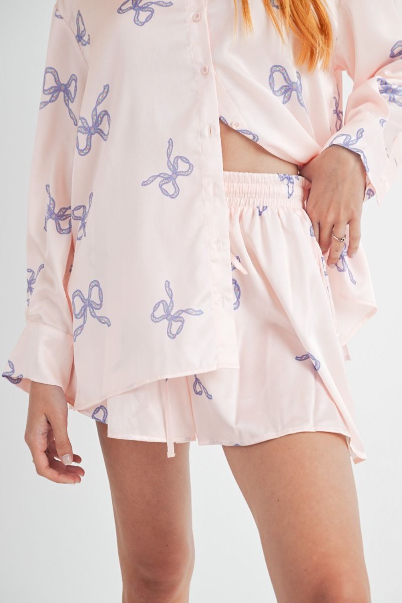 Button Down Pajama Short Set - Bow - Light Pink