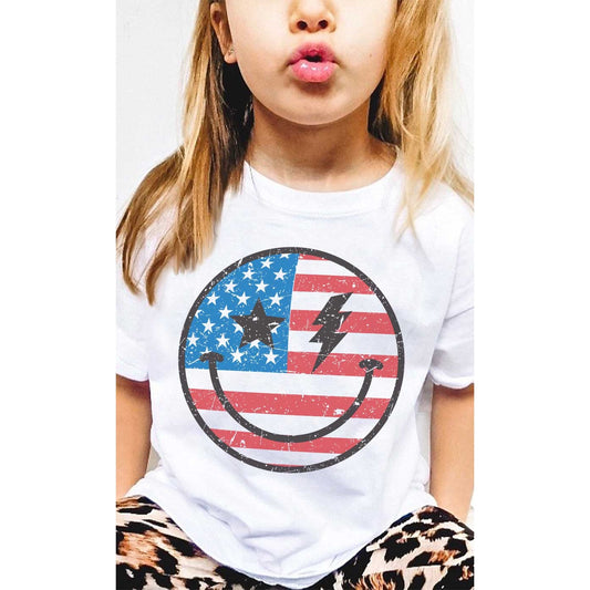Girl's Graphic Tee - Retro American Smiley Face Patriots
