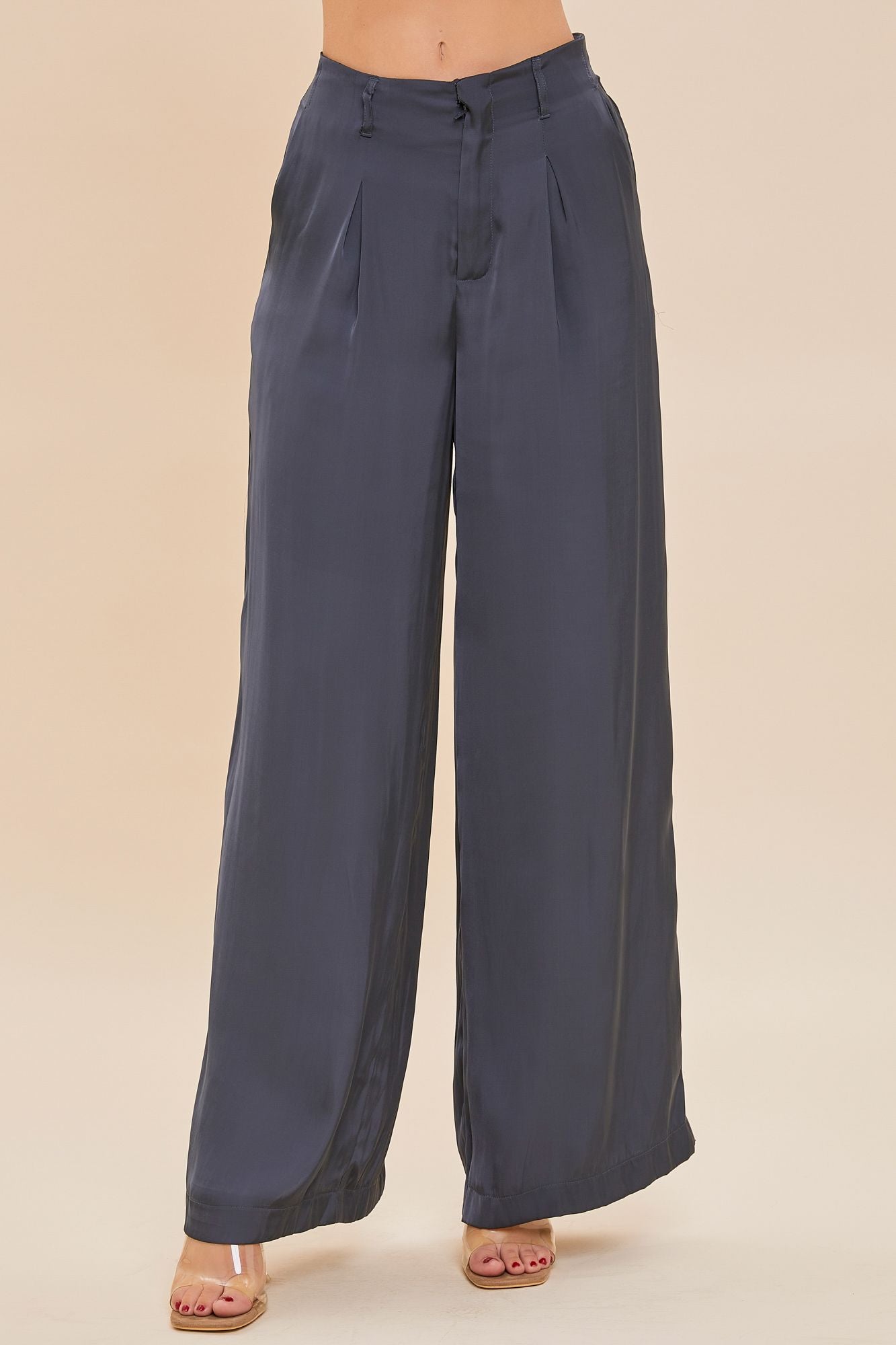 Satin Belted Wide Leg Pants - Midnight