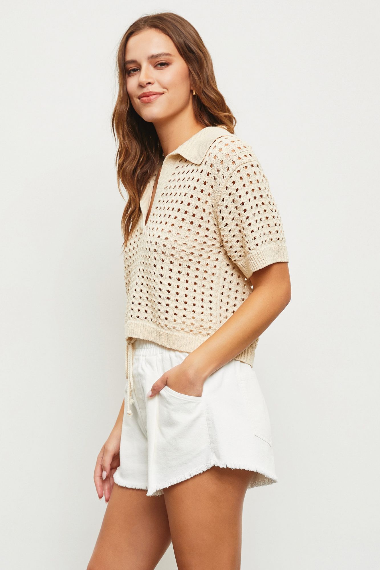 Crochet Rib Collar Top - Cream