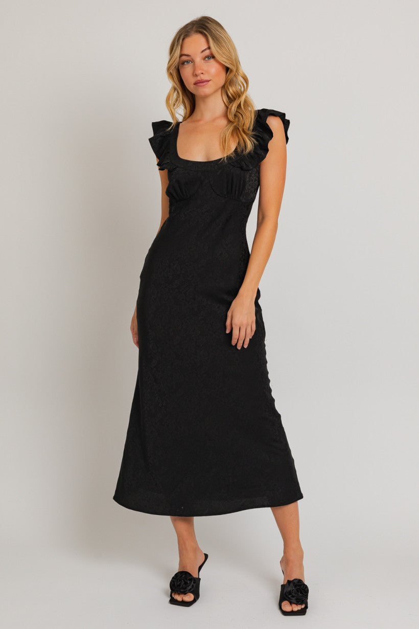 Satin Ruffled Jacquard Maxi Dress - Black Floral