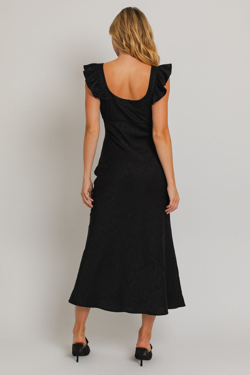 Satin Ruffled Jacquard Maxi Dress - Black Floral