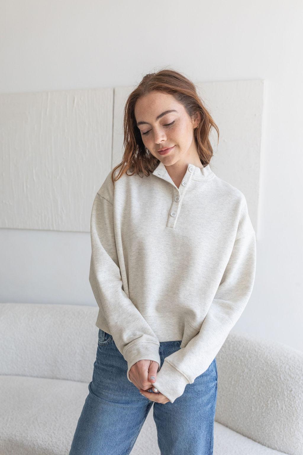 Henley Neck Sweatshirt - Heather Oat