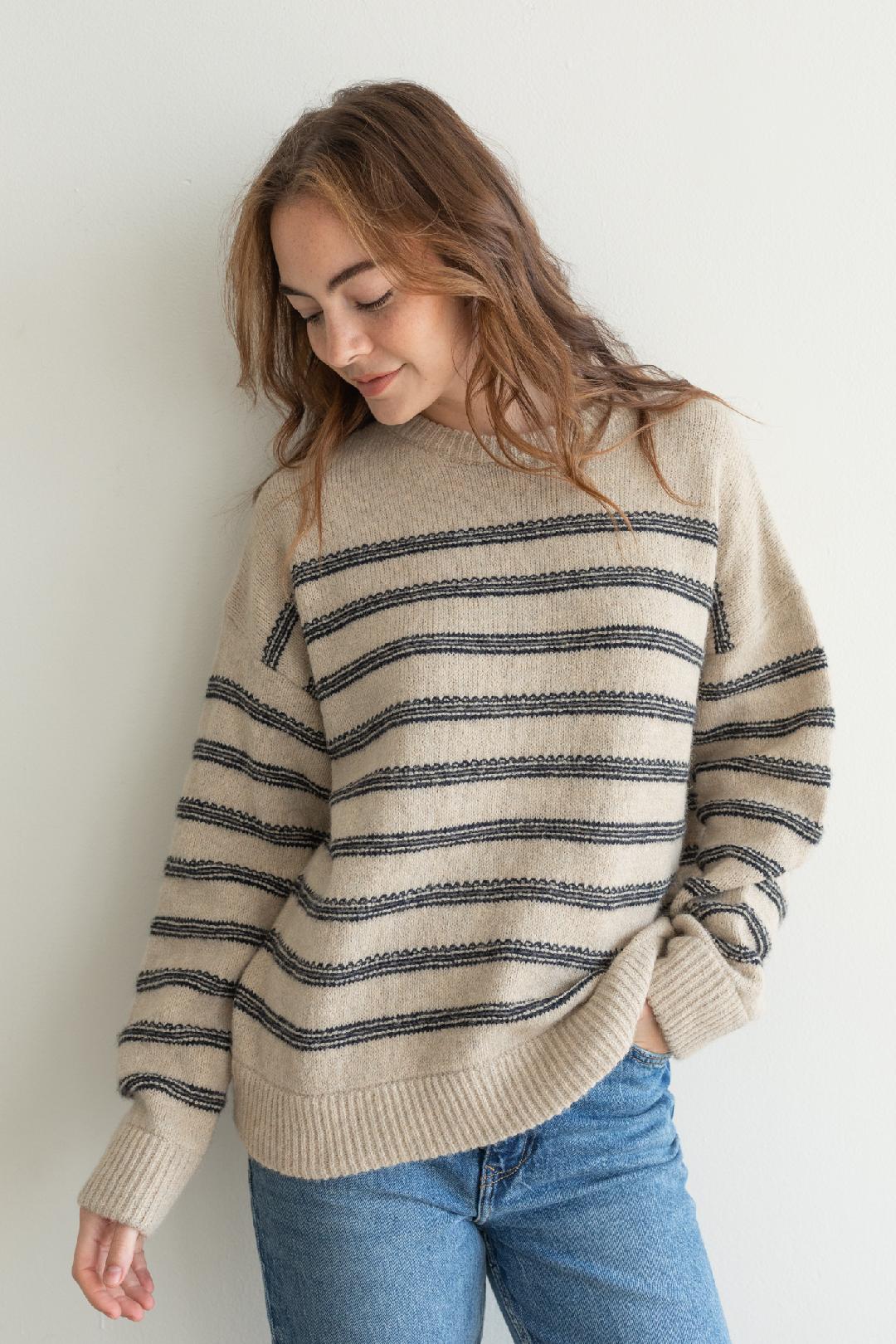 Striped Pull Over Sweater - Taupe