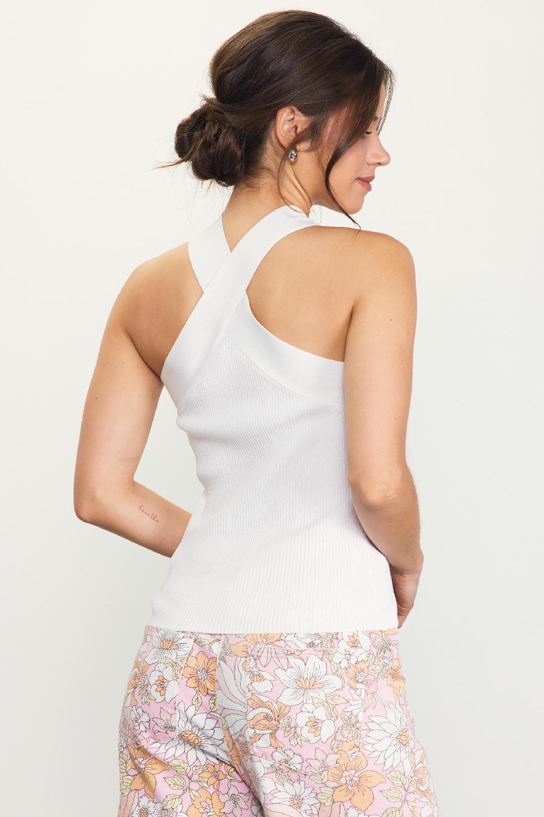 Crossed Neck Sleeveless Sweater Tank - Fence White