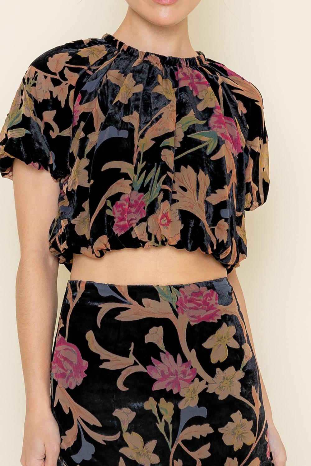 Suede Floral Puff Sleeve & Maxi Skirt Set - Black Multi