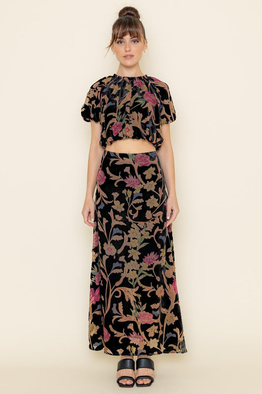 Suede Floral Puff Sleeve & Maxi Skirt Set - Black Multi