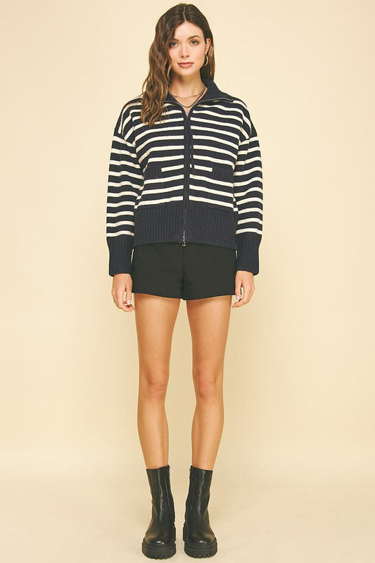 Striped Zip Up Sweater - Navy