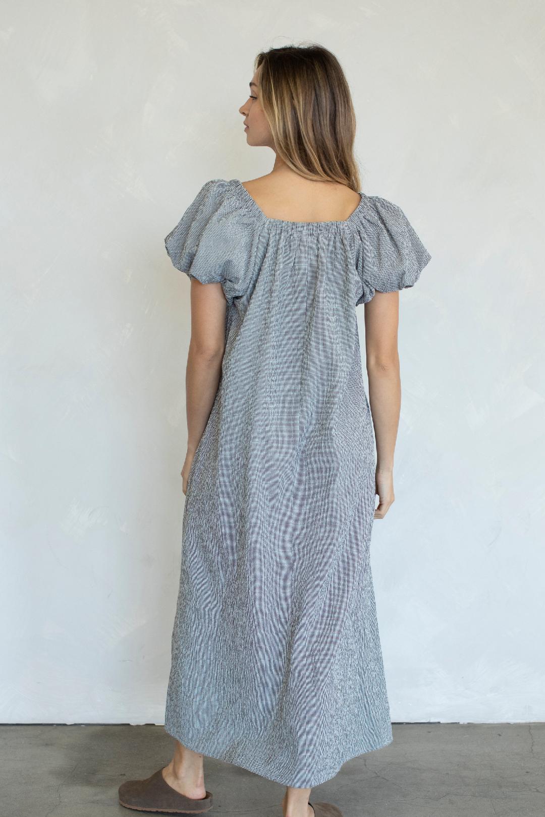 Gingham Puff Sleeve Dress - Black