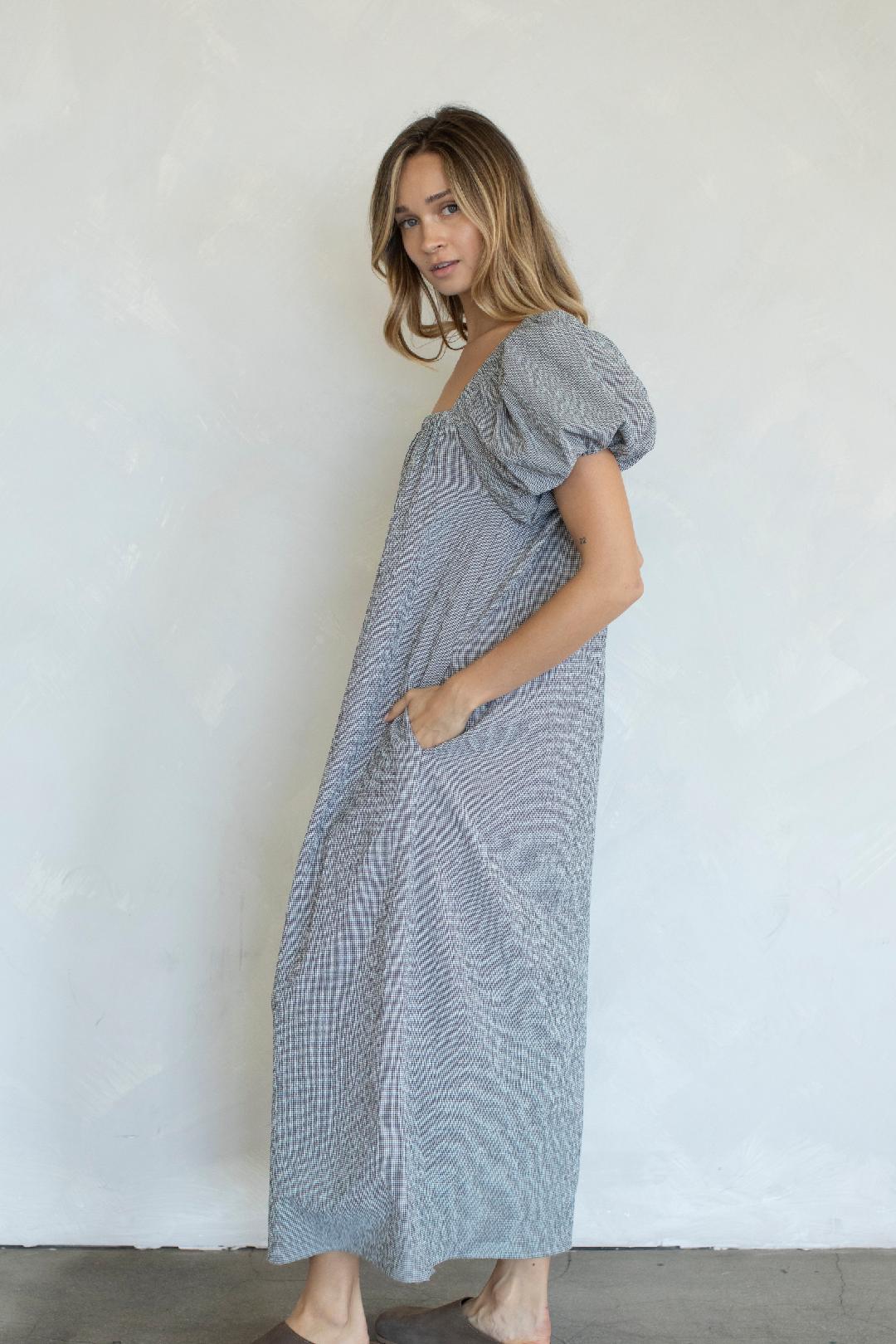 Gingham Puff Sleeve Dress - Black