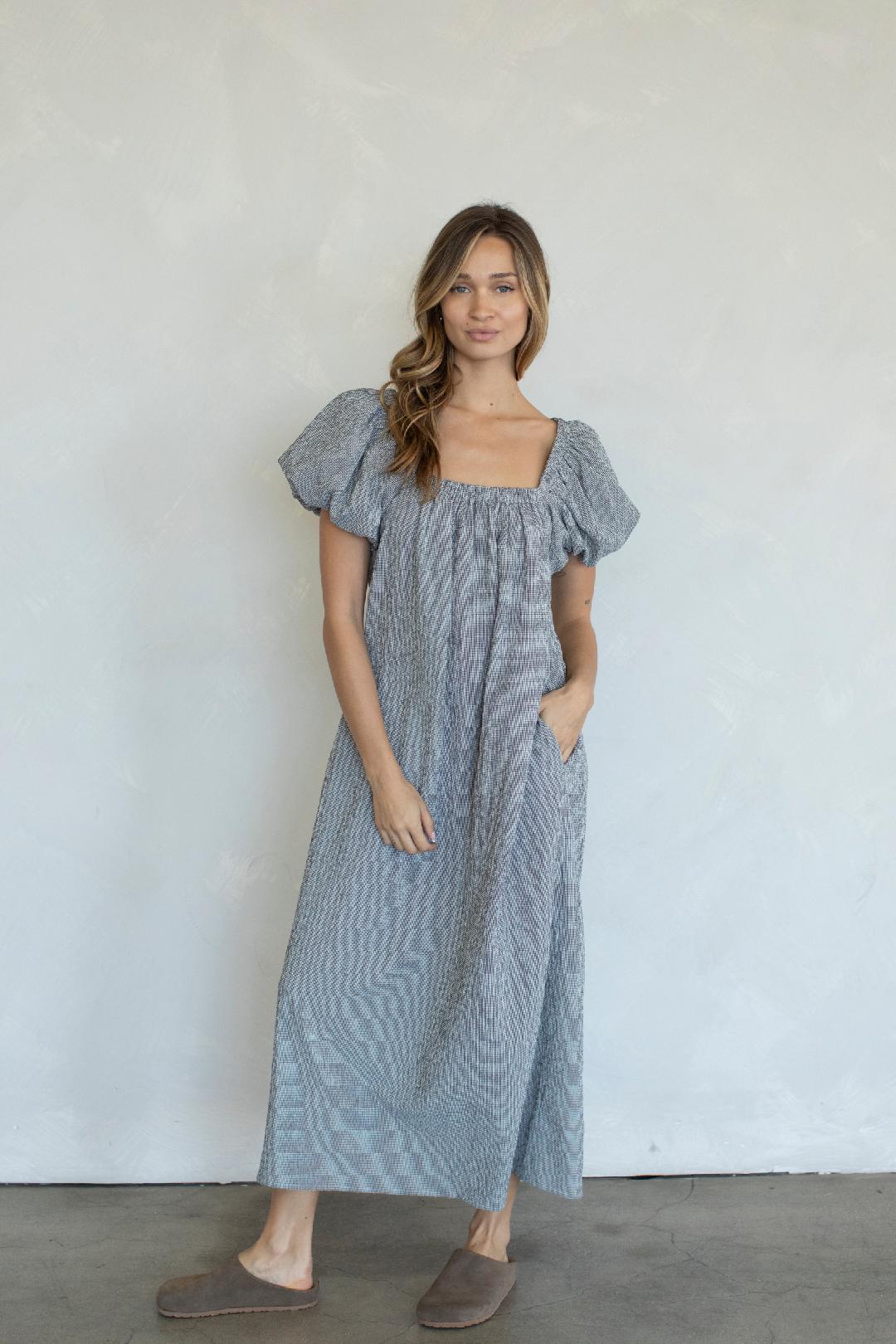 Gingham Puff Sleeve Dress - Black