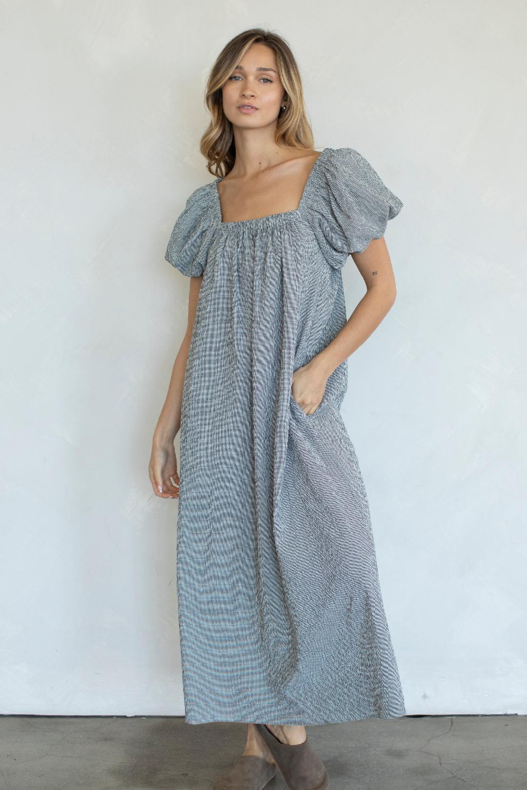 Gingham Puff Sleeve Dress - Black