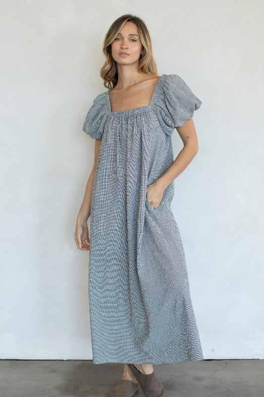 Gingham Puff Sleeve Dress - Black