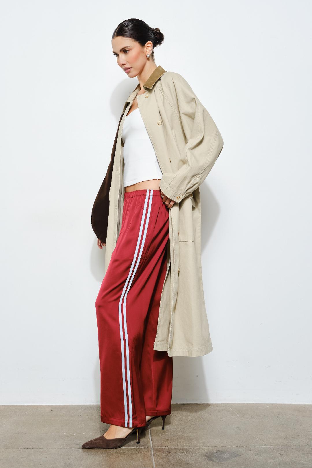 Silky Side Stripe Track Pants - Maroon