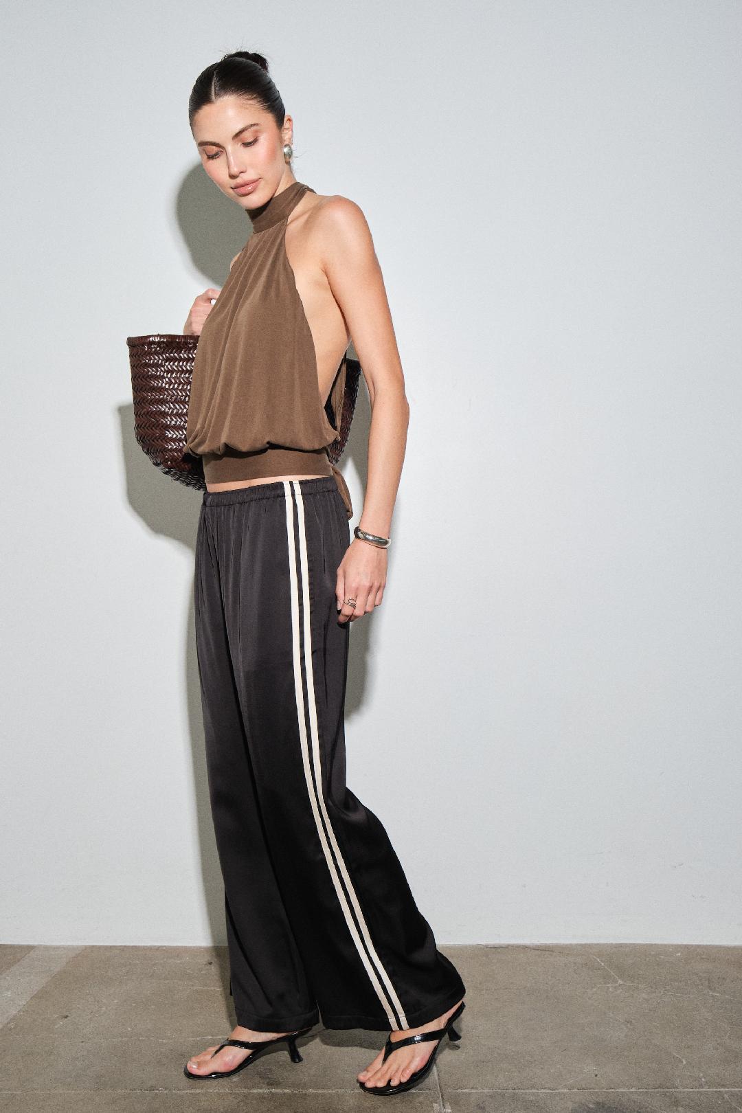Silky Side Stripe Track Pants - Black