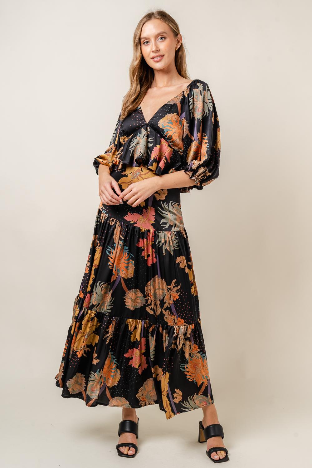 Three Tier Satin Maxi Skirt Set - Dark Floral