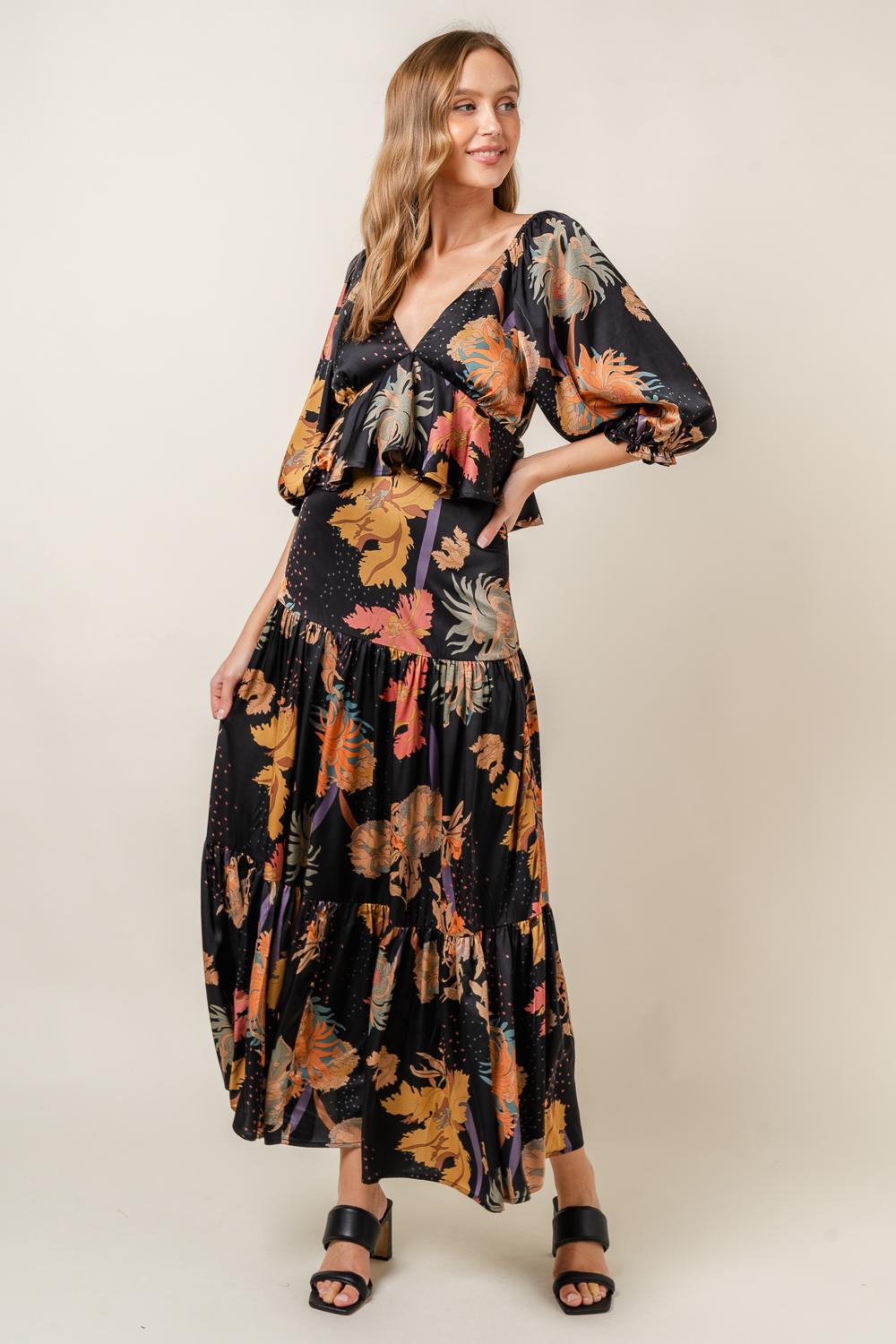 Three Tier Satin Maxi Skirt Set - Dark Floral