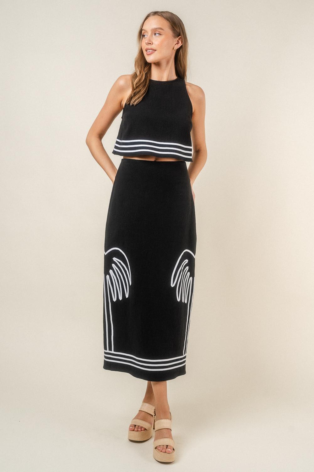 Linen Palm Maxi Skirt + Back Button Top - Black