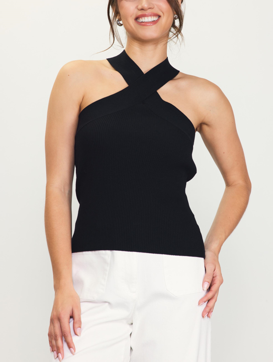 Crossed Neck Sleeveless Sweater Tank - Black