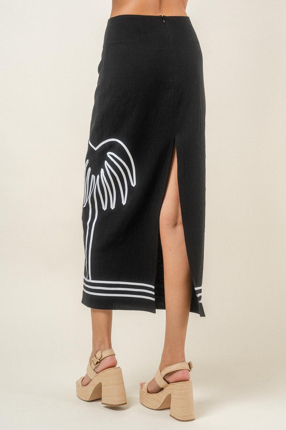 Linen Palm Maxi Skirt + Back Button Top - Black