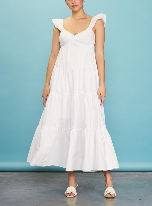 Poplin Ruffle Sleeve Maxi Dress - White