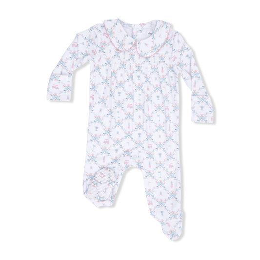 Smocked Peter Pan Snap Footie - Golf Trellis Pink