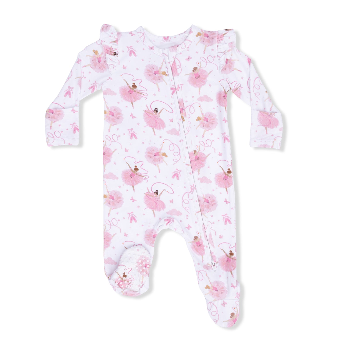 2 Way Ruffle Sleeve Zipper Footie - Ribbon Ballerinas