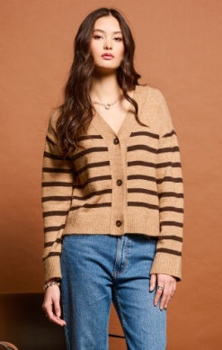 Long Sleeve Buttoned Drop Shoulder Cardigan - Camel/Brown