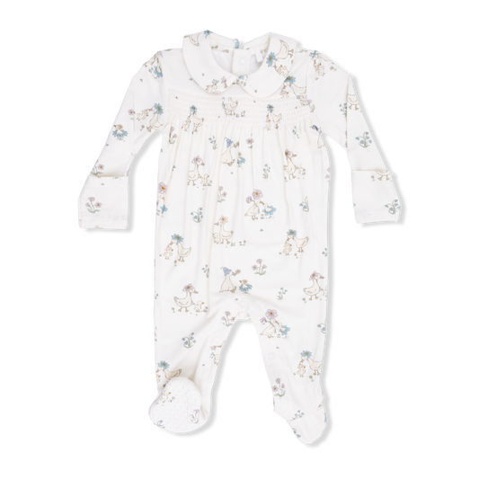 Smocked Peter Pan Snap Footie - Flower Ducklings