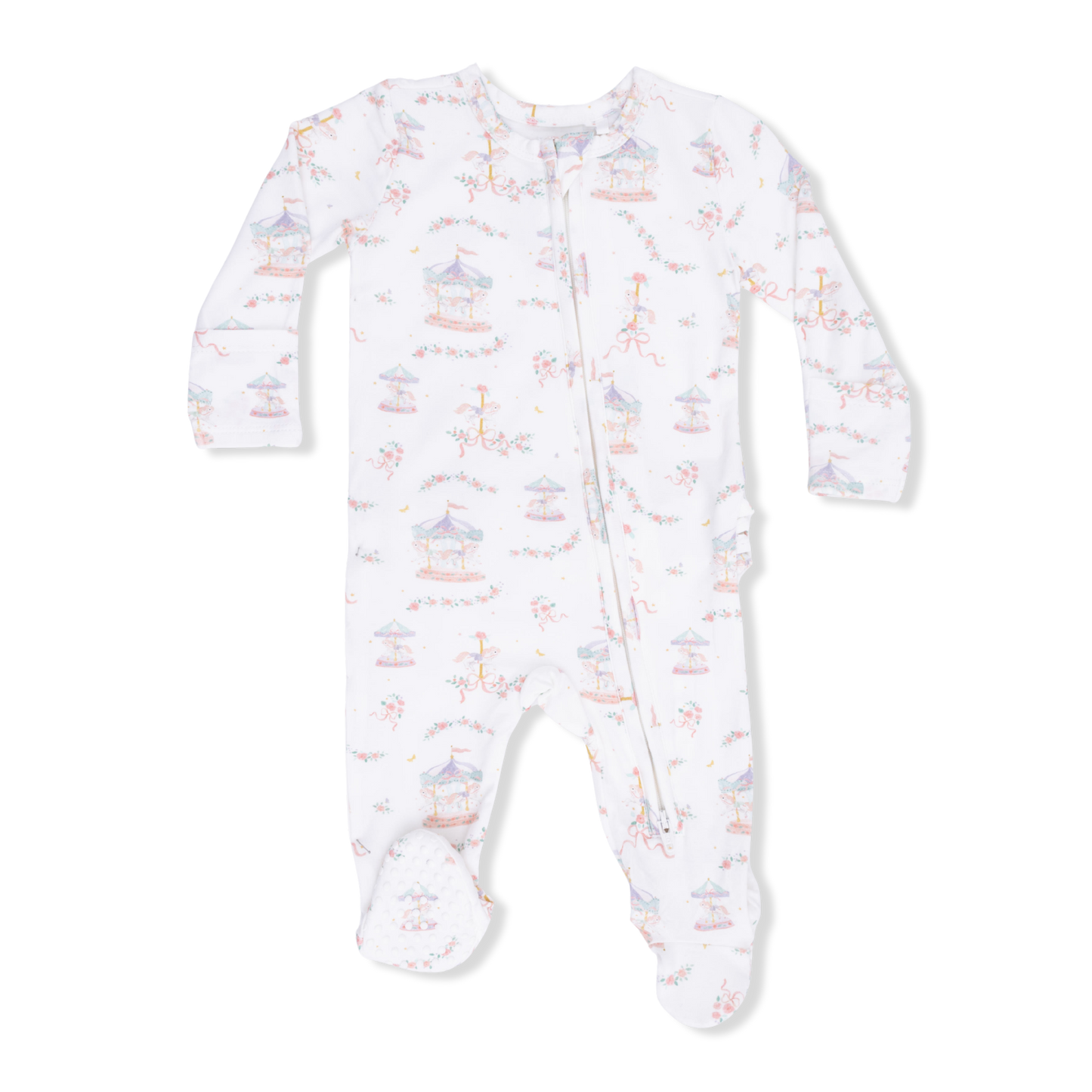 2 Way Ruffle Back Zipper Footie - Carousel With Bows
