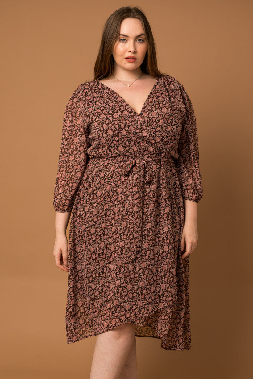 Long Sleeve Wrap Midi Dress - Brown + Mauve Floral