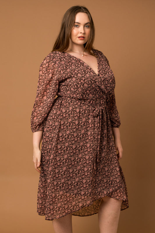 Long Sleeve Wrap Midi Dress - Brown + Mauve Floral