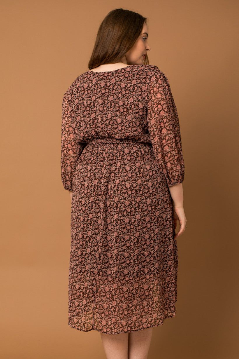 Long Sleeve Wrap Midi Dress - Brown + Mauve Floral