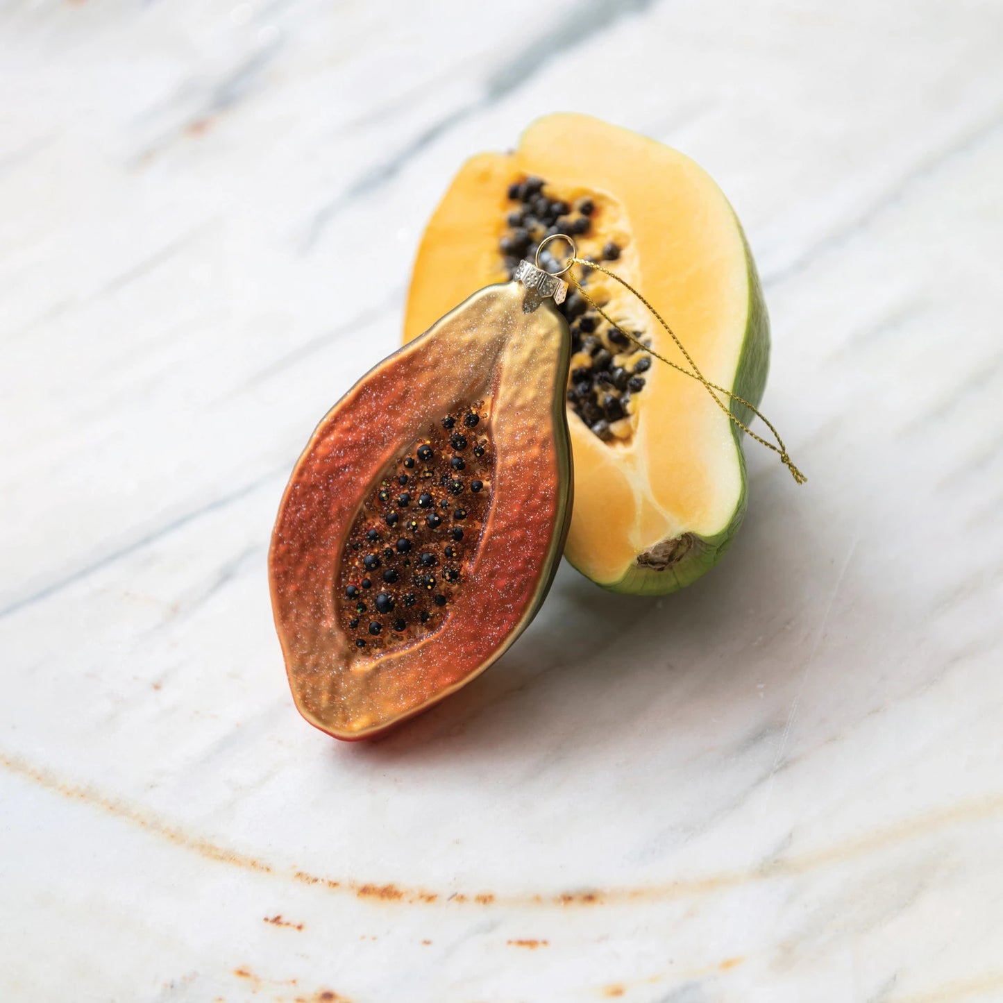 Hand-Painted Glass Papaya Ornament with Glitter