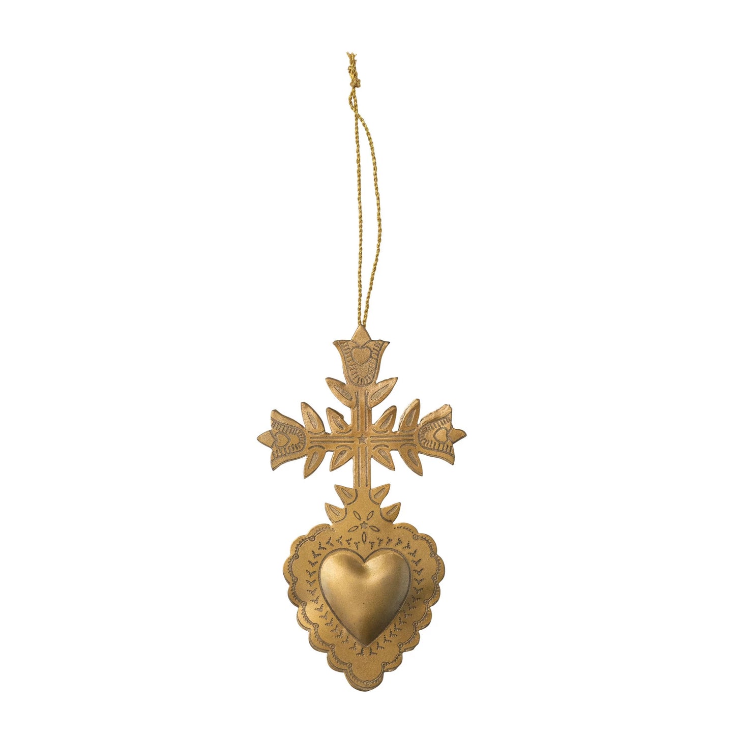 Embossed Metal Sacred Heart Ornament - Gold Finish