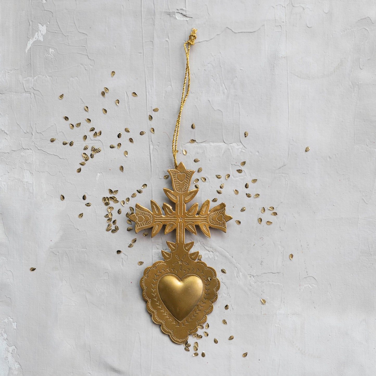 Embossed Metal Sacred Heart Ornament - Gold Finish