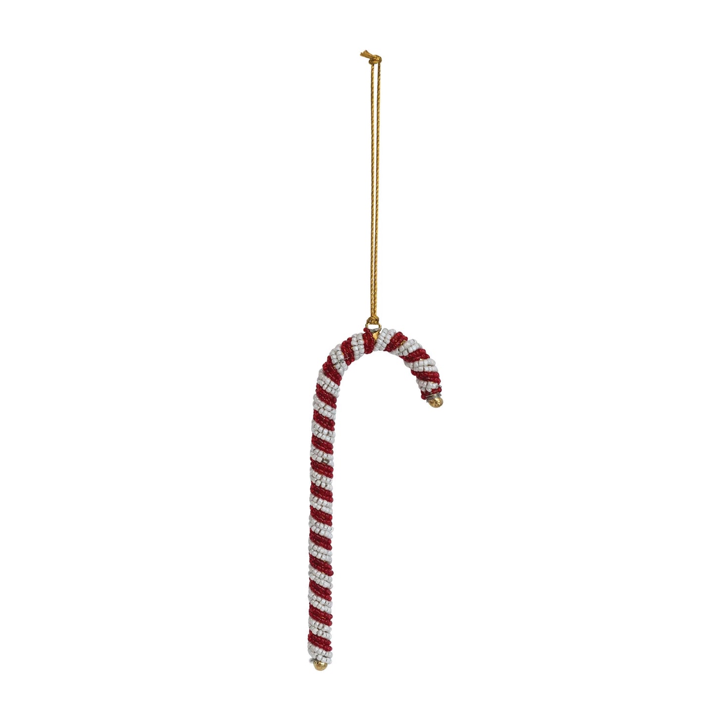 Glass Beaded Candy Cane Ornament - Red + White