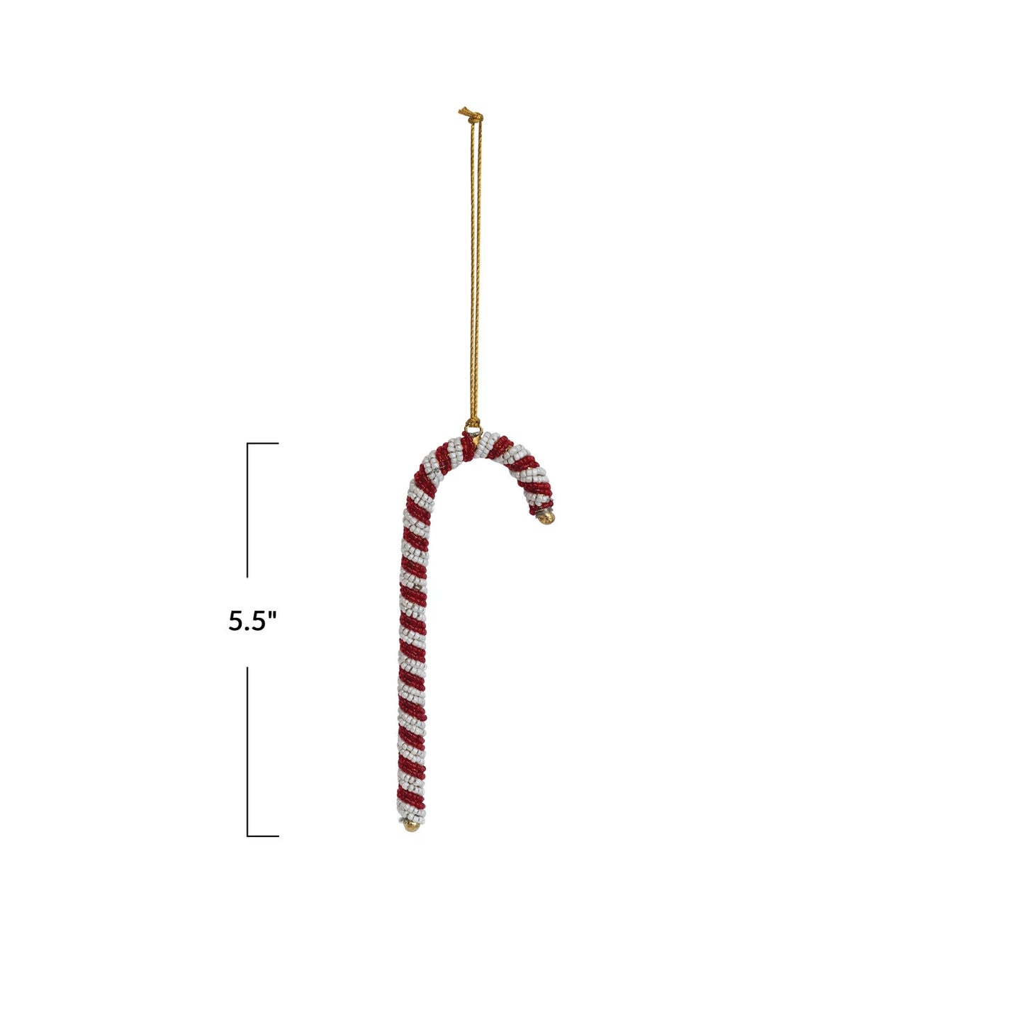 Glass Beaded Candy Cane Ornament - Red + White