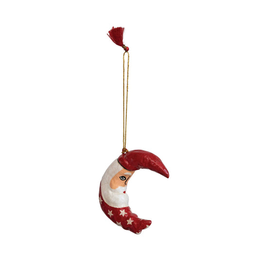 Hand-Painted Paper Mache Santa Moon Ornament